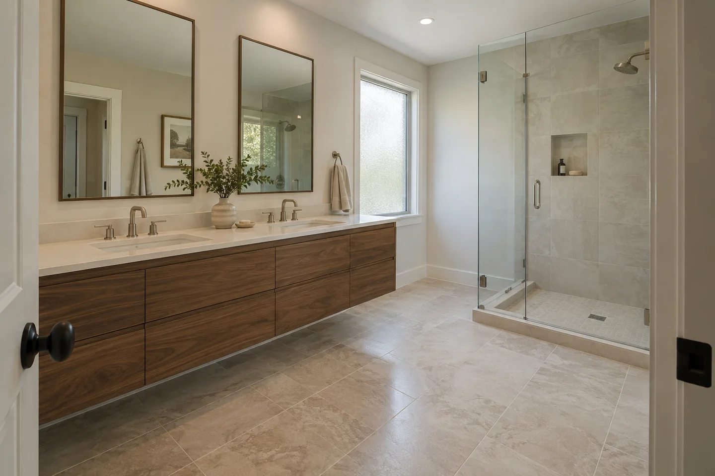 Bathroom design concept with a walnut vanity, natural tile and a walk-in glass shower