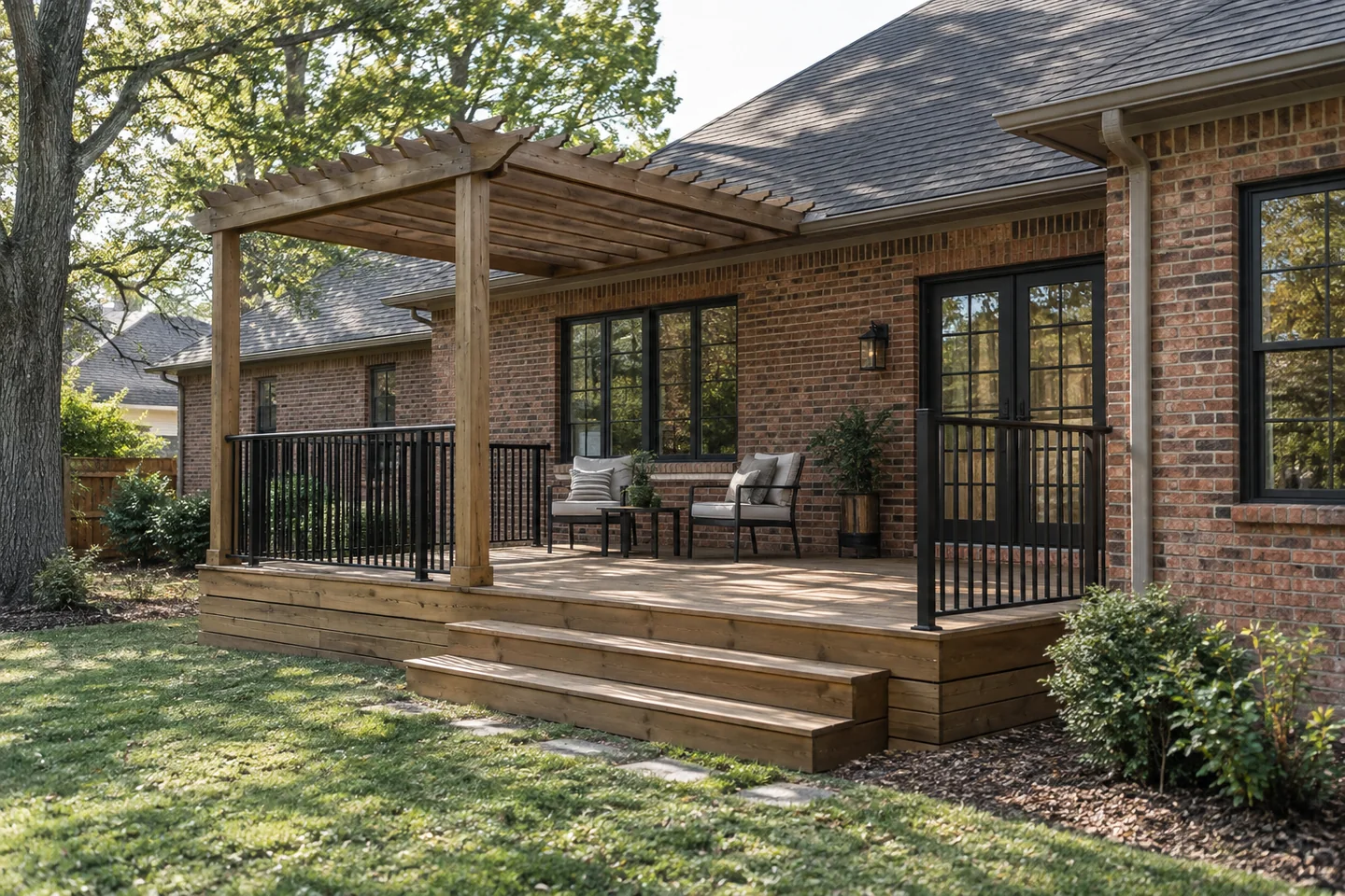 Exterior renovation concept with timber decking, a pergola and updated windows