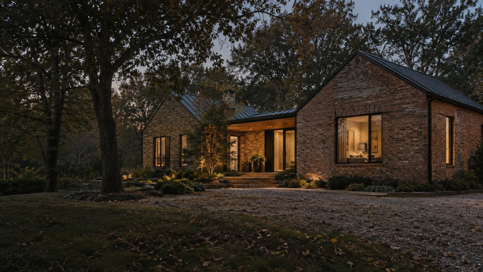 Architectural concept of a renovated brick home with black metal roofing and a timber entry
