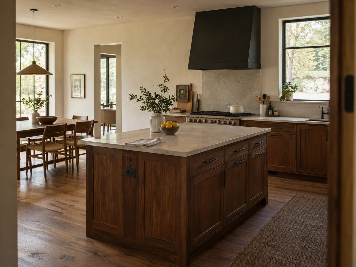 Kitchen design concept with walnut cabinetry and stone countertops